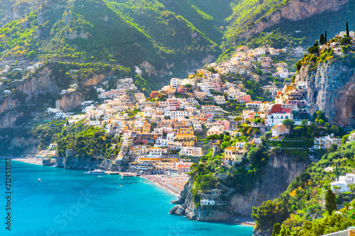 Morning view of Positano cityscape on coast line of mediterranean sea, Italy