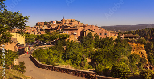 View of Roussillon with ocher cliffs. Vaucluse, Provence, France