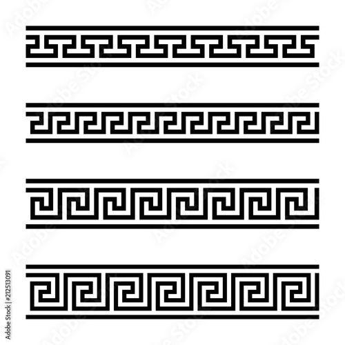 Four seamless meander designs. Meandros, a decorative border, constructed from continuous lines, shaped into a repeated motif. Greek fret or Greek key. Black and white illustration over white. Vector.