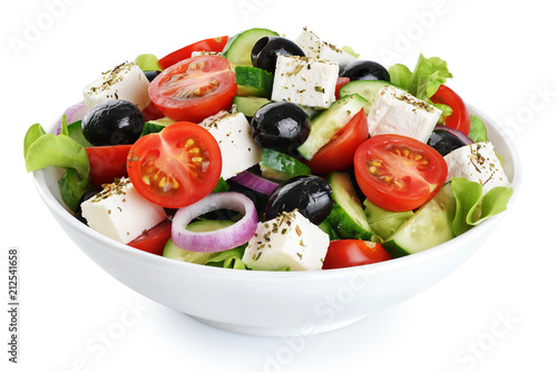 Salad with cheese and fresh vegetables isolated on white background. Greek salad.