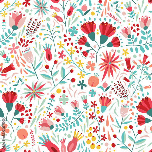 Colorful floral seamless pattern with berries, leaves and flowers on white background. Decorative botanical backdrop. Flat cartoon vector illustration for fabric print, wrapping paper, wallpaper.