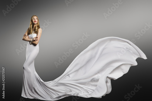 Woman White Dress, Fashion Model in Long Silk Sexy Gown, Waving Tail Flying Fabric Train, Cloth Fluttering on Wind