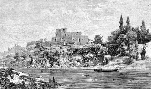 Vintage print of the Pompeianum, replica of an antique Roman villa on the banks of Main river at Aschaffensburg, Bavaria, built in 1840 for king Ludwig I. 