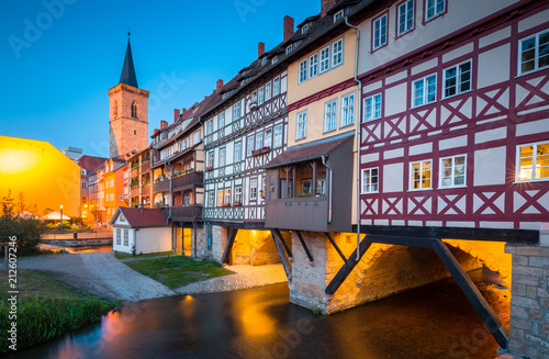 Historic city center of Erfurt with Krämerbrücke bridge illuminated at twilight, Thüringen, Germany