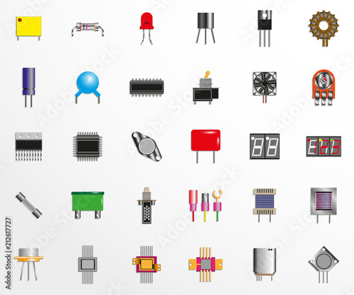 Electronic components and spare parts for electronic circuits. Set of vector icons.