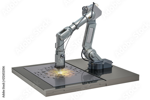 Laser cutting of metal sheet by robotic arm, 3D rendering