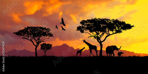 illustration of a bright sunset in africa, safari with wild animals: giraffes and elephants against the background of sunset in the savannah