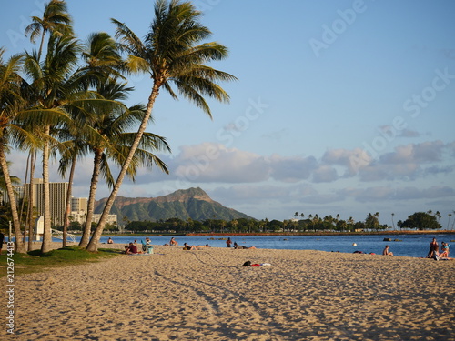 Ala Moana beach park with Diamond Head crater Waikiki view, Honolulu Hawaii Oahu island