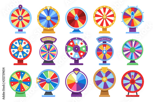 Fortune wheels flat icons set. Spin lucky wheel casino money game symbols