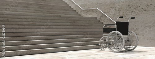 Wheelchair empty infront of concrete stairs. 3d illustration