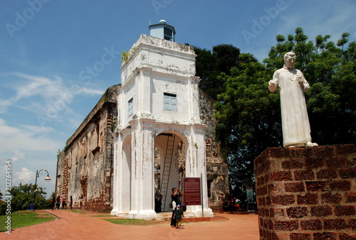 Exterior of St. Paul's Church with St. Francis Xavier statue, Melaka city, Malaysia