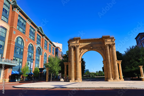 Arch Park in McFerson Commons in the Arena District of downtown Columbus, Ohio is a popular urban destination for sports and entertainment.