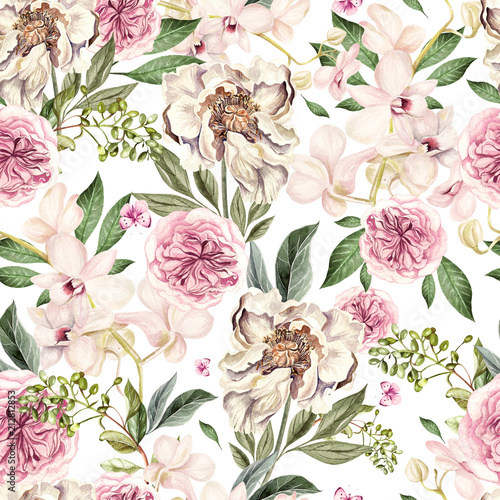 Watercolor pattern with peony flowers and orchids. 
