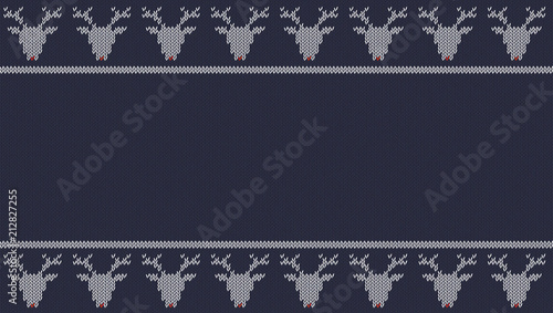 Seamless knitted texture on blue background with white deers.