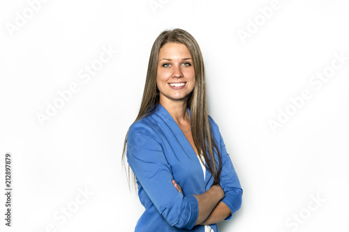 Handsome car saleswoman on white background