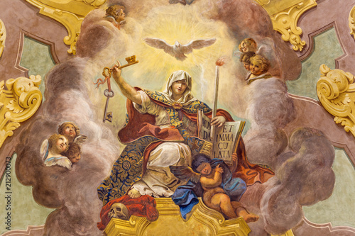 PARMA, ITALY - APRIL 16, 2018: The ceiling fresco of Triumph of Religion - Trionfo della Religione in church Chiesa di San Vitale by Giuseppe Peroni (1760 - 1763).