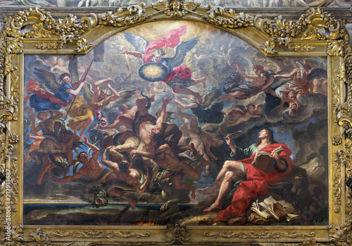 PARMA, ITALY - APRIL 15, 2018: The painting of The Battle of the Angels after Apocalypse of St. John in church Chiesa di San Giovanni Evangelista by unknown artist.