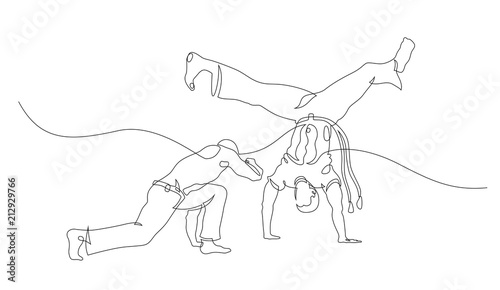 Two capoeira fighters playing. Contour Isolated on white. Vector illustration