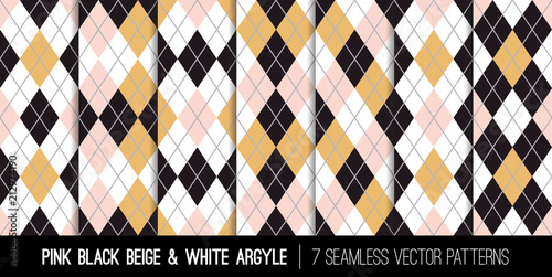 Argyle Seamless Vector Patterns in Blush Pink, Gray, Black and Camel Beige. Girly Preppy Fashion Textile Prints. Golf Style Backgrounds. Repeating Pattern Tile Swatches Included.