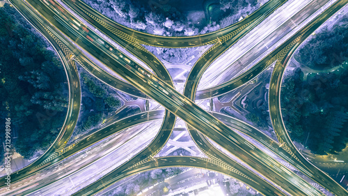 aerial view of highway interchange at night