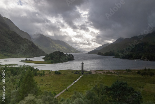 Late summer view of Glenfinnan Monument - commerating Bonnie Prince Charlies landing point in 1745 and the start of the Jacobite Rebellion, near Fort William, Scotland