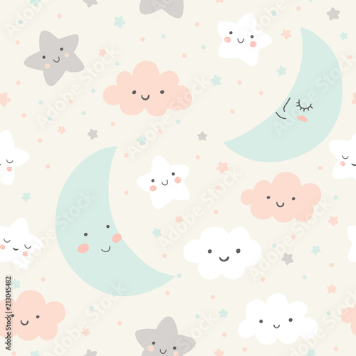 Cute sky pattern. Seamless vector design with smiling, sleeping moon, stars and clouds. Baby illustration. 