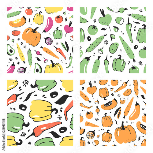 Set of hand drawn seamless pattern with vegetable. Vector artistic drawing food. Summer illustration pumpkin, potato, pepper, green peas, beetroot, eggplant, tomato, cucumber, avocado, carrot