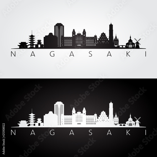 Nagasaki skyline and landmarks silhouette, black and white design, vector illustration.