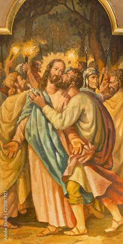 ZARAGOZA, SPAIN - MARCH 3, 2018: The painting of Betray of Jesus with the Judas kiss in the church Iglesia de Santo Tomás de Aquino (de los Escolapios de Zaragoza) from 20. cent.