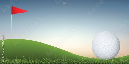 Golf ball on green hill of golf court with sunset sky background. Vector.
