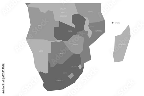 Political map of southern Africa region. Simlified schematic vector map in shades of grey.