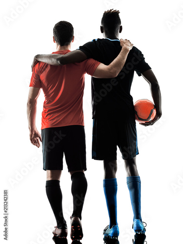 two soccer players men in studio silhouette isolated on white background