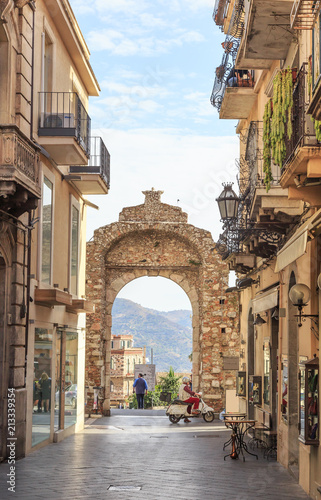 Messina Gate (Porta Messina) in Taormina. It is north entrance of historical center of town which leads to main street of Taormina