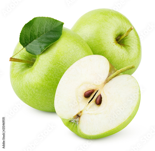 Group of ripe green apple fruits with apple half and green leaf isolated on white background. Apples with clipping path