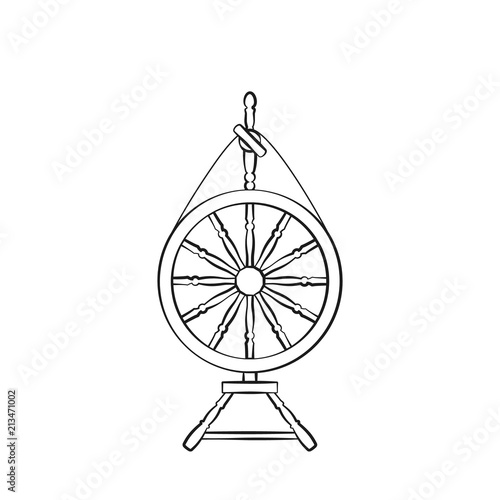 An antique spinning wheel icon in the style of linear design.