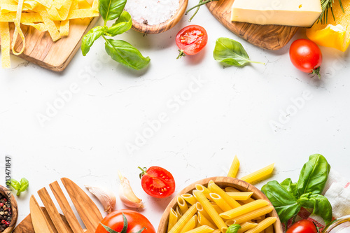 Italian food background on white top view.