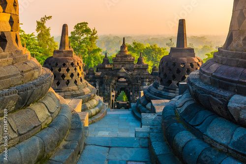 Awesome sunrise at Buddhist temple complex Borobudur, Yogyakarta, Jawa in Indonesia