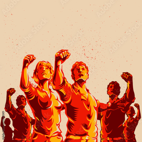 Crowd protest fist revolution poster design. Propaganda Background Style.