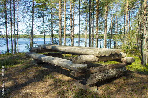 Old, wooden table moss-grown on the bank of the lake.