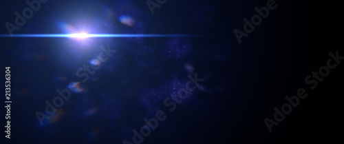 beautiful blue lens flare effect overlay texture with bokeh effect and anamorphic light streak in front of a black background, cinematic format