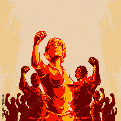 Crowd protest fist revolution poster design. Women leader in front of a crowd. Propaganda Background Style.