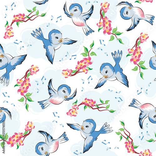 Retro cartoon blue bird seamless repeat fabric swatch