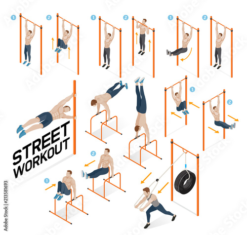 Street workout exercises. Vector illustrations.