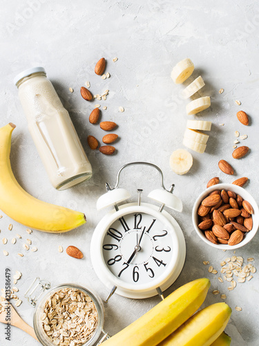Healthy breakfast smoothie banana oatmeal almond milk