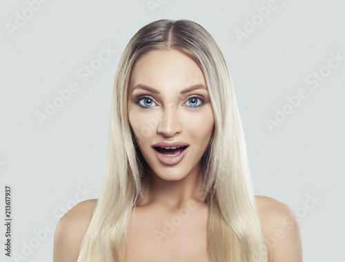 Surprised Woman Spa Model with Clean Skin, Natural Makeup, Blonde Hair and Open Mouth.