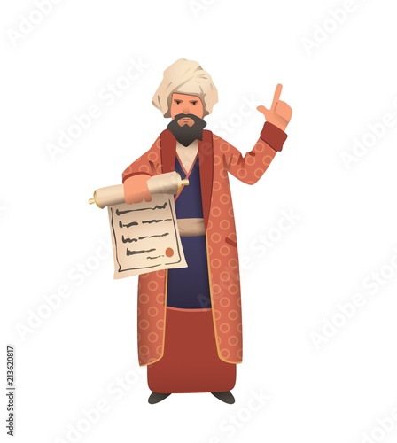 Wise vizier in white turban showing scroll and giving speech. Fairy tale character. Flat vector illustration. Isolated on white background.