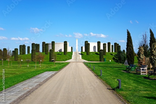 Road and steps leading to the front of the Armed Forces Memorial, National Memorial Arboretum, Alrewas, UK.