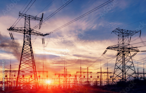 distribution electric substation with power lines and transformers.