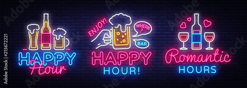 Happy Hour neon sign collection vector. Happy Hour Design template neon sign, Night Dinner, celebration light banner, neon signboard, nightly bright advertising, light inscription. Vector illustration