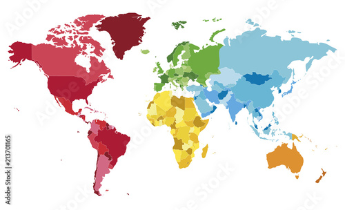 Political blank World Map vector illustration with different colors for each continent and different tones for each country. Editable and clearly labeled layers.